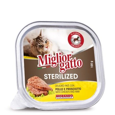 MIGLIORGATTO VASCHETTA STERILIZED GR.100  POLLO E PROSCIUTTO