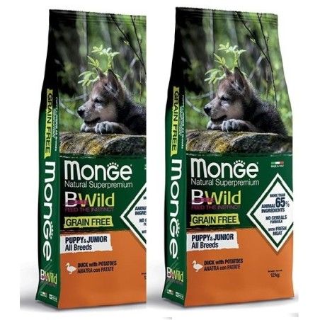 MONGE BWILD GRAIN FREE ALL BREEDS PUPPY ANATRA E PATATE KG.12 *acquisto minimo 2 sacchi*prezzo riferito alla singola confezione*