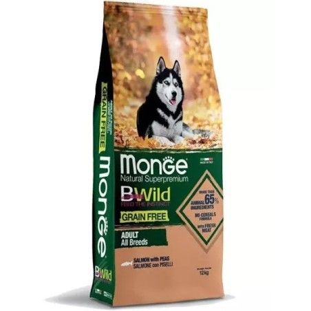 MONGE BWILD GRAIN FREE ALL BREEDS SALMONE E PISELLI KG.12*spedizione gratuita*