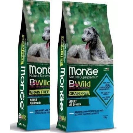 MONGE BWILD GRAIN FREE ALL BREEDS ACCIUGHE CON PATATE PISELLI KG.12 *acquisto minimo 2 sacchi*prezzo riferito alla singola confe