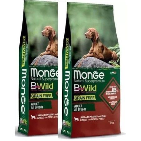 MONGE BWILD GRAIN FREE ALL BREEDS AGNELLO CON PATATE E PISELLI KG.12 *acquisto minimo 2 sacchi*prezzo riferito alla singola conf