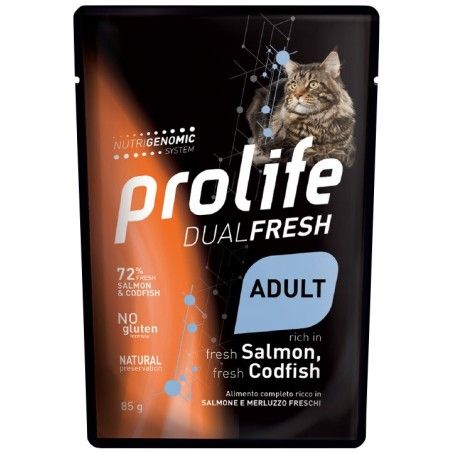 PROLIFE CAT BUSTA GR.85 DUAL FRESH ADULT FRESH SALMON, FRESH CODFISH ( SALMONE E MERLUZZO)