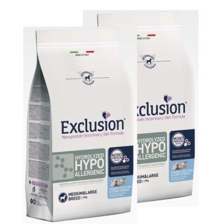 EXCLUSION DIET HYDROLYZED HYPOALLERGENIC HYDRILIZED FISH & CORN STARCH MEDIUM/LARGE BREED KG.12 **acquisto minimo 2 sacchi*prezz