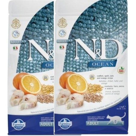 FARMINA N&D CAT OCEAN ADULT MERLUZZO FARRO, AVENA E ARANCIA 5KG ***prezzo riferito alla singola confezione*