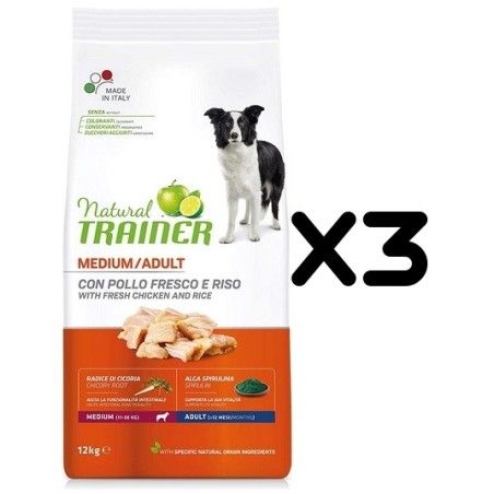 TRAINER DOG NATURAL ADULT MEDIUM CON POLLO FRESCO E RISO KG. 12 *acquisto minimo 3 sacchi*prezzo riferito alla singola confezion