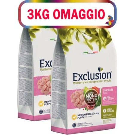 EXCLUSION MEDITERRANEO MONOPROTEIN PUPPY MEDIUM POLLO KG.12**acquisto minimo 2pz**3kg omaggio