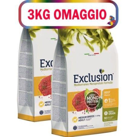 EXCLUSION MEDITERRANEO MONOPROTEIN ADULT MEDIO MANZO KG.12**acquisto minimo 2pz**3kg omaggio